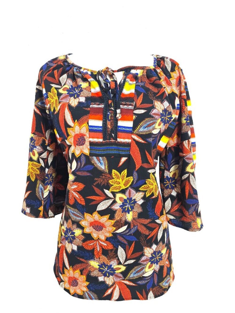 Figueroa & Flower Brown Aztec Floral 3/4 Wide Sleeve Boho Top Women Size M